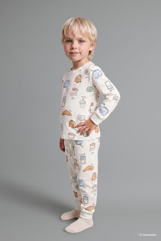 Defacto Baskılı Uzun Kollu Üst Elastik Bel Alt 2li Pijama Takımı Erkek Bebek H6539a526auer233 Ekru-er233