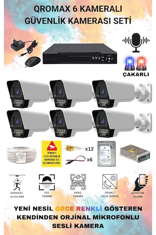 6 Kameralı Set - Yapay Zeka Özellikli Gece Renkli Sesli Fullhd 5mp Lensli 9 Warm Ve Çakar Ledli Güvenlik Kamerası Seti 5909ws-108