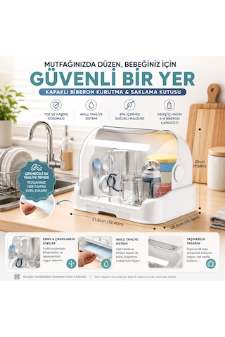 Kapaklı Bulaşıklık Biberon Kurutucu Ve Saklama Kutusu Toz Geçirmez Mutfak Bulaşık Kurutmalığı Çekmeceli Su Tahliyeli Çok Amaçlı Kurutma Rafı Beyaz