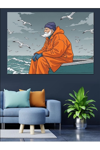 Ahşap Tablo Balıkçı Ve Deniz Kenarında Yalnızlık
