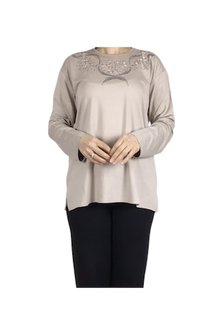 Kadın Yakası Taşlı Likralı Büyük Beden Bluz Arpbattal1 Krem