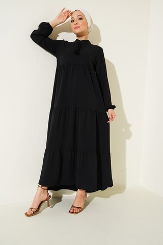 1627 Yaka Bağcıklı Tesettür Elbise - Siyah 001
