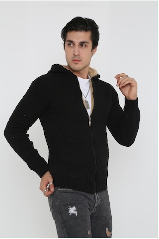 Erkek Fermuarlı Içi Kürklü Siyah Hırka Mont-Siyah