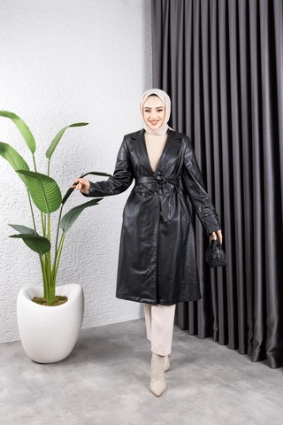 Harman Butik Kadın Deri Cepli Kuşaklı Trençkot Siyah Siyah