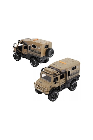 Bej Işıklı Ve Sesli Unimog Tarzı Off-road Karavan Jeep - 18 Cm Sürtmeli Safari Kamp Aracı Çok Renkli