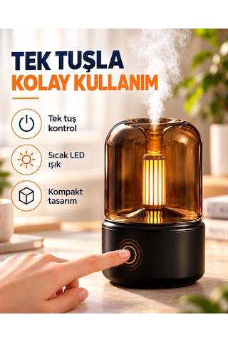 Mum Alevi Efektli Aroma Difüzör Dekoratif Hava Nemlendirici Sıcak Işıklı Dokunmatik Tuşlu Masaüstü Buhar Makinesi Siyah