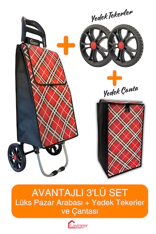 Pazar Arabası Plus Avantajlı 3' Lü Set Pazar Arabası + Yedek Tekeri + Yedek Çantası. Kırmızı