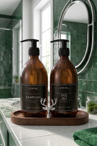Amber Şişe Sabunluk Cam İkili Şampuan-duş Jeli Banyo Düzenleyici Klasik Gümüş Geyik Ahşap Standlı 500ml