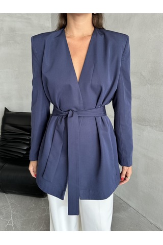 Lacivert Elegant Kuşaklı Ceket Lacivert