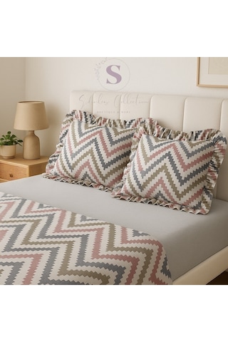 Chevron Desenli Fırfırlı % 100 Pamuk Çift Kişilik Nevresim Takımı Çok Renkli