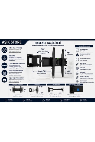 Full Motion Tv Askı Aparatı 39 65" Vesa 400 400 50 Kg