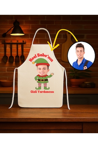 Kişiye Özel Karikatür Fotoğraflı Mutfak Önlüğü Noel Babanın Gizli Yardımcısı Çok Renkli