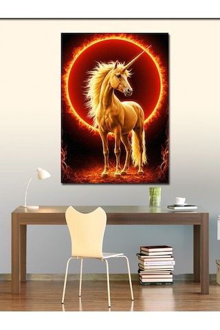 Kanvas Tablo Ateş Çemberinde Altın Unicorn 70cmx100cm