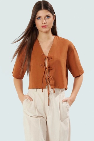 Ersefa Önden Bağcıklı Crop Bluz V Yaka Dokuma Terrycotton Kumaş Rahat Gü Kahverengi