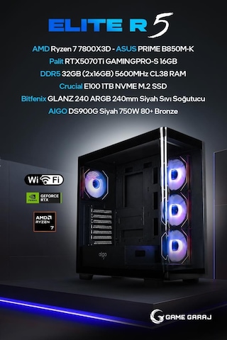 Game Garaj ELITE-R5 R7-7800X3D RTX5070Ti 32 GB 1 TB SSD Free Dos Oem Paket Masaüstü Oyuncu Bilgisayarı
