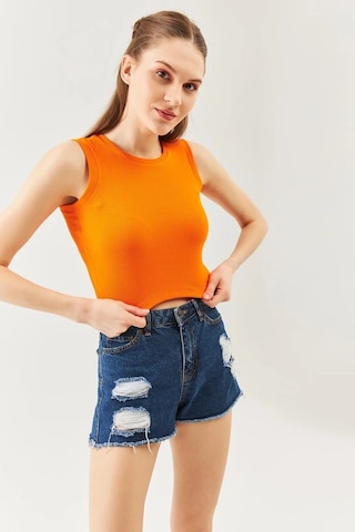 Butikgiz Kadın Sıfır Kol Bisiklet Yaka Vücuda Oturan %100 Pamuklu Kaşkorse Esnek Crop Bluz Turuncu