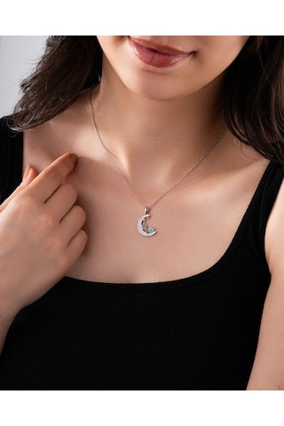 925 Ayar Turkuaz Taşlı Rodyum Ay Yıldız Gökyüzü Gümüş Kolye Gümüş - Rodyum