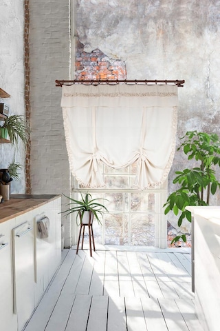 Naturel Potlu Perde Bohem Büzgü Bantlı Krem