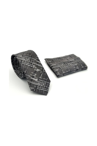Gaffy Siyah Beyaz Kırcıl Desenli Gri Dokuma Kumaş Mendilli Slim Fit Kravat // Sdk-2611-3 Gri