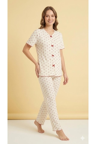 Sleeproom Yazlık Ekru Kırmızı Kalp Desenli Kısa Kol Penye %100 Pamuk Pijama Takım