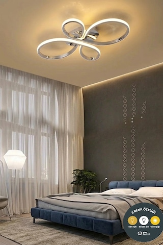 Liya Tasarım Krom Led Plafonyer Avize - 3 Renk Işıklı Ayarlanabilir Modern Aydınlatma
