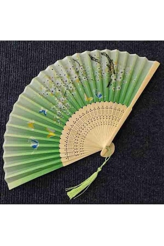 Beluga Yelpaze Bambu Vintage Yeşil Kelebekli Bahar Dalı Desenli Şık Püsküllü Japon Yelpaze 0259