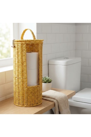 Askılı Plastik Rattan Tuvalet Kâğıdı Standı Hasır Görünümlü, Kapaklı, Yedekli Wc Kâğıtlık, Banyo Ve Tuvalet İçin Dekoratif Organizer Altın