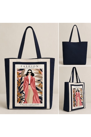 Patch&soul Patchwork Pano Desenli Tote Çanta Bej - Lacivert