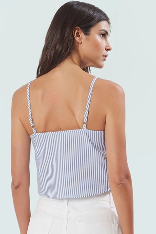 Ersefa Rahat Yazlık Çizgili Crop Bluz Fiyonklu Dokuma Kumaş Uzun Ömürlü Mavi