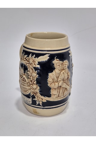 Vintage Tankart Dağ Evi Ve Çiçek Temalı Alman Seramik Bira Bardağı 11,8cm 006