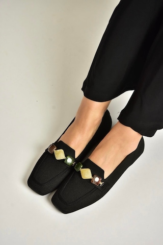 Fox Shoes Y820400304 Siyah Triko Kumaş Boncuk Detaylı Kadın Babet