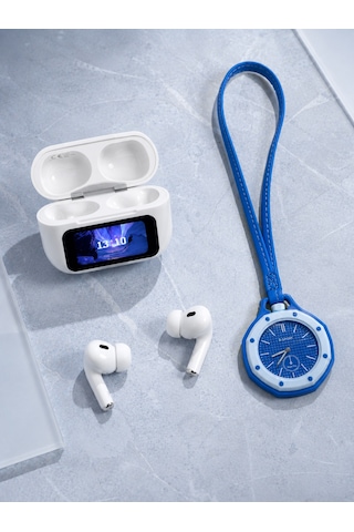 Dokunmatik Kablosuz Kulaklık + Mavi Askılı Analog Charm Saat İkili Set Altın