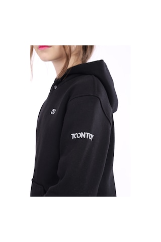 Kız Çocuk Oversize Kapüşonlu Cepli Nakış Baskılı Yırtmaçlı Sweatshirt - 3 İplik Şardonlu Siyah