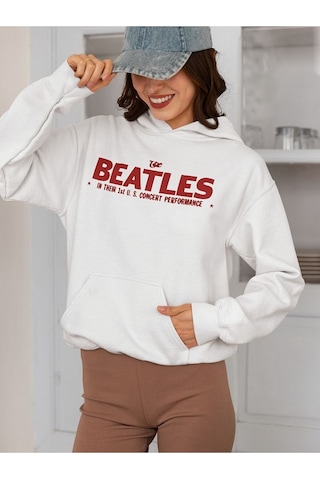 Sevbano The Beatles Müzik Grubu Baskılı Unisex Oversize 1964 Hoodie Beyaz