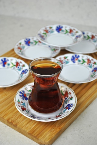 6'lı Porselen Çay Tabağı Lale Motifli Osmanlı Deseni Beyaz - mavi