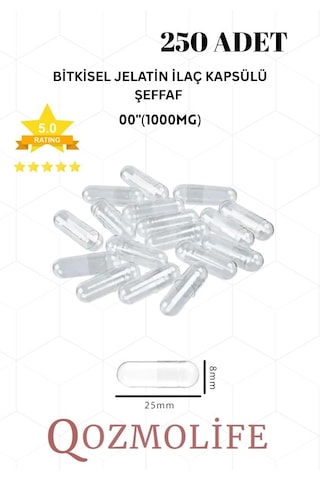 Büyük Boy Şeffaf Bitkisel Jelatin Boş Kapsülü Helal 00"1000mg 250 Adet Büyük Boy Şeffaf Bitkisel Jelatin Boş Kapsülü Helal 00"1000mg 250 Adet