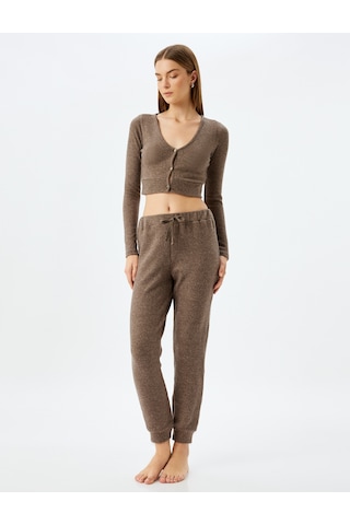 Koton Uzun Kollu Düğmeli V Yaka Crop Örme Pijama Üstü Vizon 5wlk40187mk