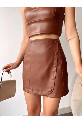 Beş Düğmeli Oval Deri Etek Kahve H240068 Kahve