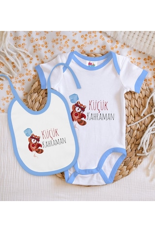 Bk Kids Küçük Kahraman Tasarımlı Mavi Bebek Body Zıbın Ve Mama Ön Çok Renkli