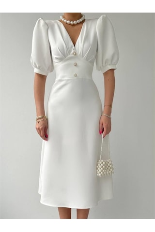 Linda Midi Elbise Beyaz