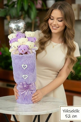 Kadınlar Gününe Özel: Deluxe Mor-beyaz Peluş Ayıcık Kalp Balonlu Peluş Vazo Tasarımlı Ayıcık Buketi