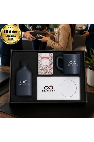 Logonuza Özel 10 Adet Kutulu Ahşap Altlıklı Antrasit Fincan & Kolonya & & Aromalı Kahve Seti Ahşap Kutulu Kurumsal Hediye Seti