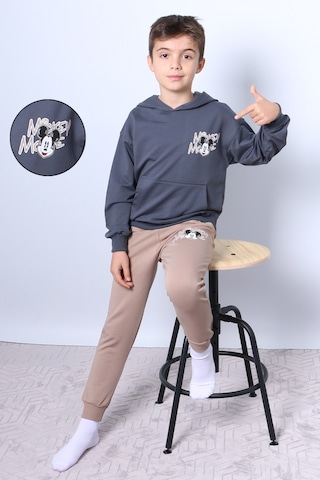 Erkek Çocuk Kapşonlu Eşofman Takımı Mickey Mouse Sırt Baskılı Ribanalı F3 Bej