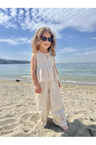 Paçaları Nakışlı Keten Kız Çocuk Takım Natürel Bej