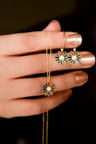 Papatya Silver 925 Ayar Gümüş Gold Kaplama Özel Tasarım Opal Taşlı Renklii Papatya Kolye Ve Küpe Set