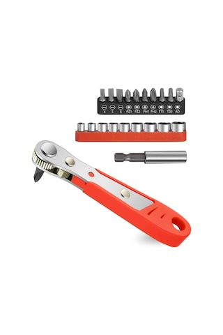 Geeksen 21 Parça Mini Ratchet Anahtar Seti - 36 Dişli 1/4" Antremanlı - Dar Boşluklar İçin - Manyetik Uçlu - 9 Adet Soket + 60mm Bağlantı Kolu