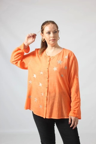 Moda Berray 3294 Turuncu Yıldız Baskılı Organik Keten Kumaş Mevsimlik Gömlek Turuncu