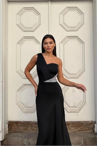 DefyModa Kadın El Emeği Tek Omuz Taş Detaylı Abiye Elbise Siyah