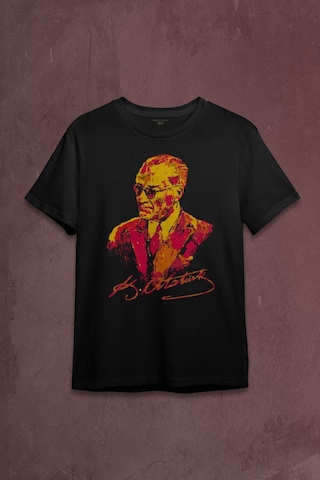 Karizma Gözlüklü Atatürk Sarı Kırmızı Galatasaray Baskılı Tişört Unisex T-shirt 001