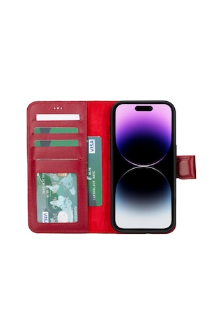 Apple Uyumlu iPhone 15 Pro Deri Cüzdanlı Kılıf Mwwn V4ef Kırmızı